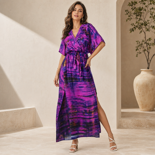 Pure Silk Artisan Tie & Dye Long Kaftan Dress (Adjustable Waist Belt)
