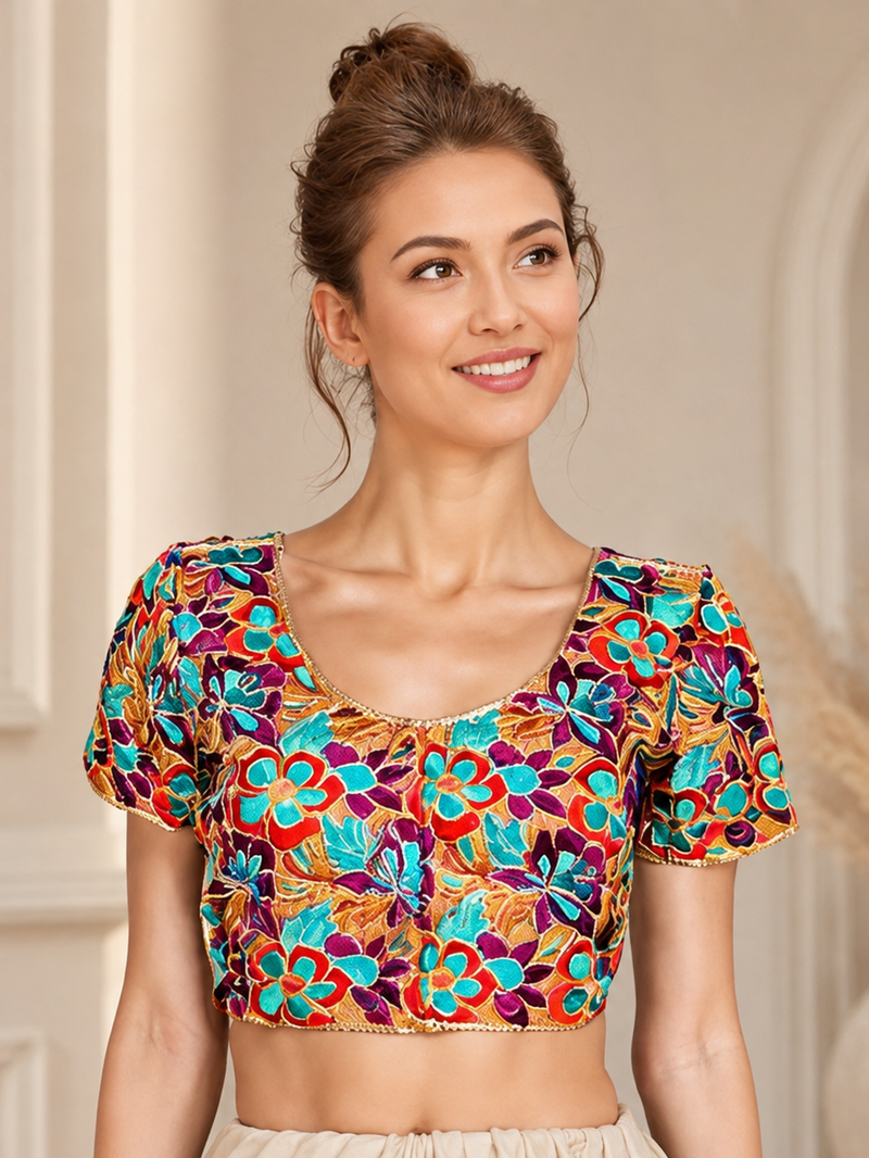 Art Silk Embroidered Crop Top Blouse (Medium)