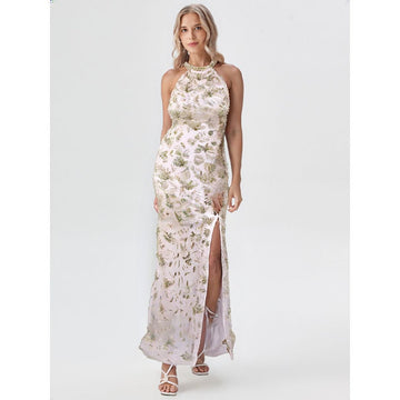 Long Wedding Evening Party Handmade Halter Neck Backless Gown Dress