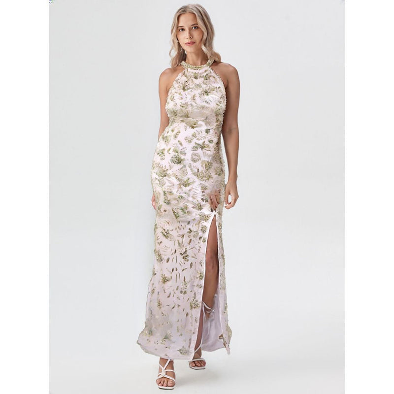Long Wedding Evening Party Handmade Halter Neck Backless Gown Dress
