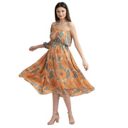 Pure Crepe Silk W Balloon Sleeves Off Shoulder Cocktail Long Dress (Medium)