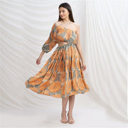 Pure Crepe Silk W Balloon Sleeves Off Shoulder Cocktail Long Dress (Medium)