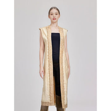 Khadi Cotton Hand Embroidered Long Open Style Shrug Jacket (Large)