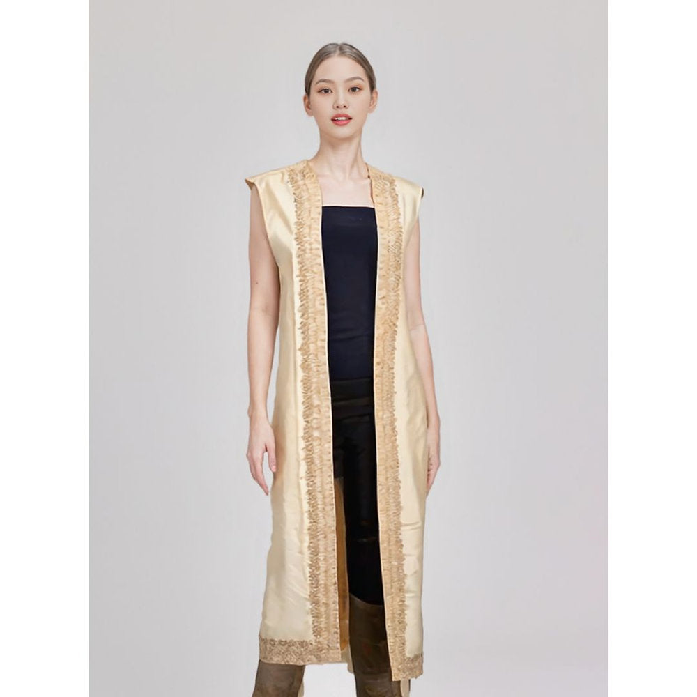 Khadi Cotton Hand Embroidered Long Open Style Shrug Jacket (Large)