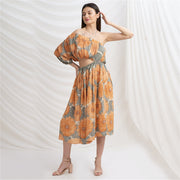 Pure Crepe Silk W Balloon Sleeves Off Shoulder Cocktail Long Dress (Medium)