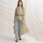 Pure Crepe Silk Long Shrug Style Shirt Dress, Upcycled Free Size (Large)