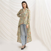 Pure Crepe Silk Long Shrug Style Shirt Dress, Upcycled Free Size (Large)