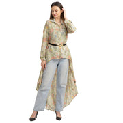 Pure Crepe Silk Long Shrug Style Shirt Dress, Upcycled Free Size (Large)