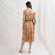 Pure Crepe Silk W Balloon Sleeves Off Shoulder Cocktail Long Dress (Medium)