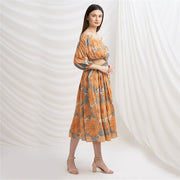 Pure Crepe Silk W Balloon Sleeves Off Shoulder Cocktail Long Dress (Medium)