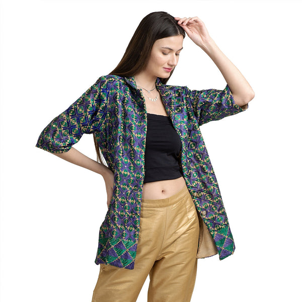 Cotton Floral Phulkari Short Jacket Blazer (Large)