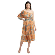 Pure Crepe Silk W Balloon Sleeves Off Shoulder Cocktail Long Dress (Medium)
