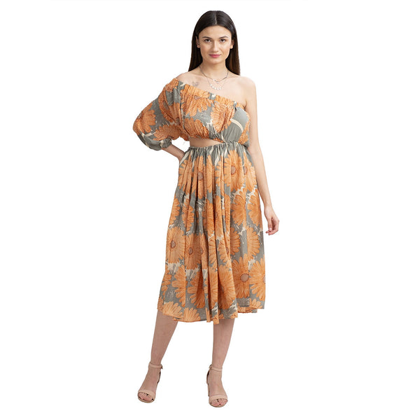 Pure Crepe Silk W Balloon Sleeves Off Shoulder Cocktail Long Dress (Medium)