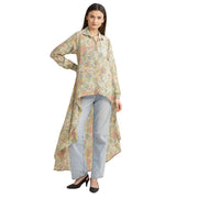 Pure Crepe Silk Long Shrug Style Shirt Dress, Upcycled Free Size (Large)