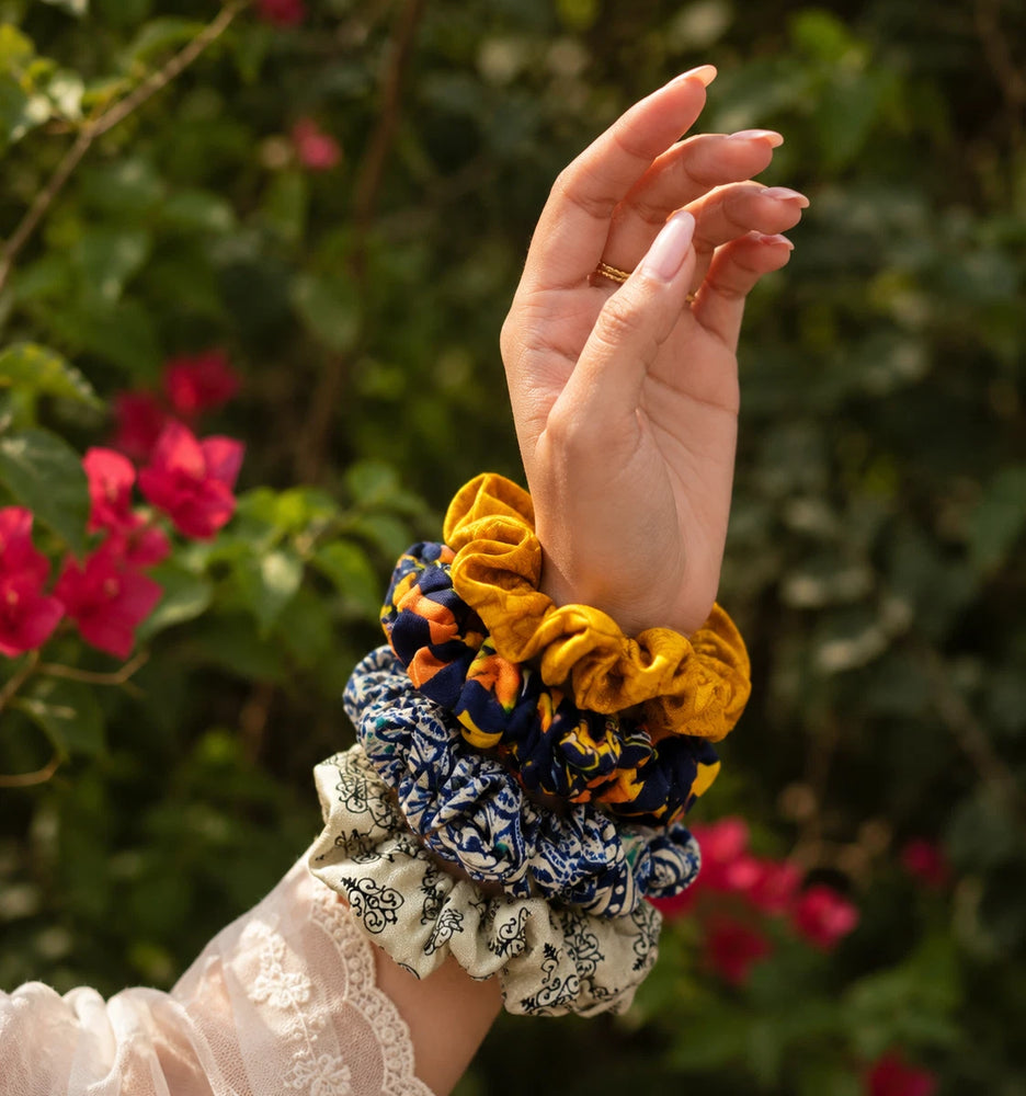 Sanskriti India Silk Scrunchies 5 Pcs lot of Assorted Sustainable Upcycled Hair Ties 1.5 Inches