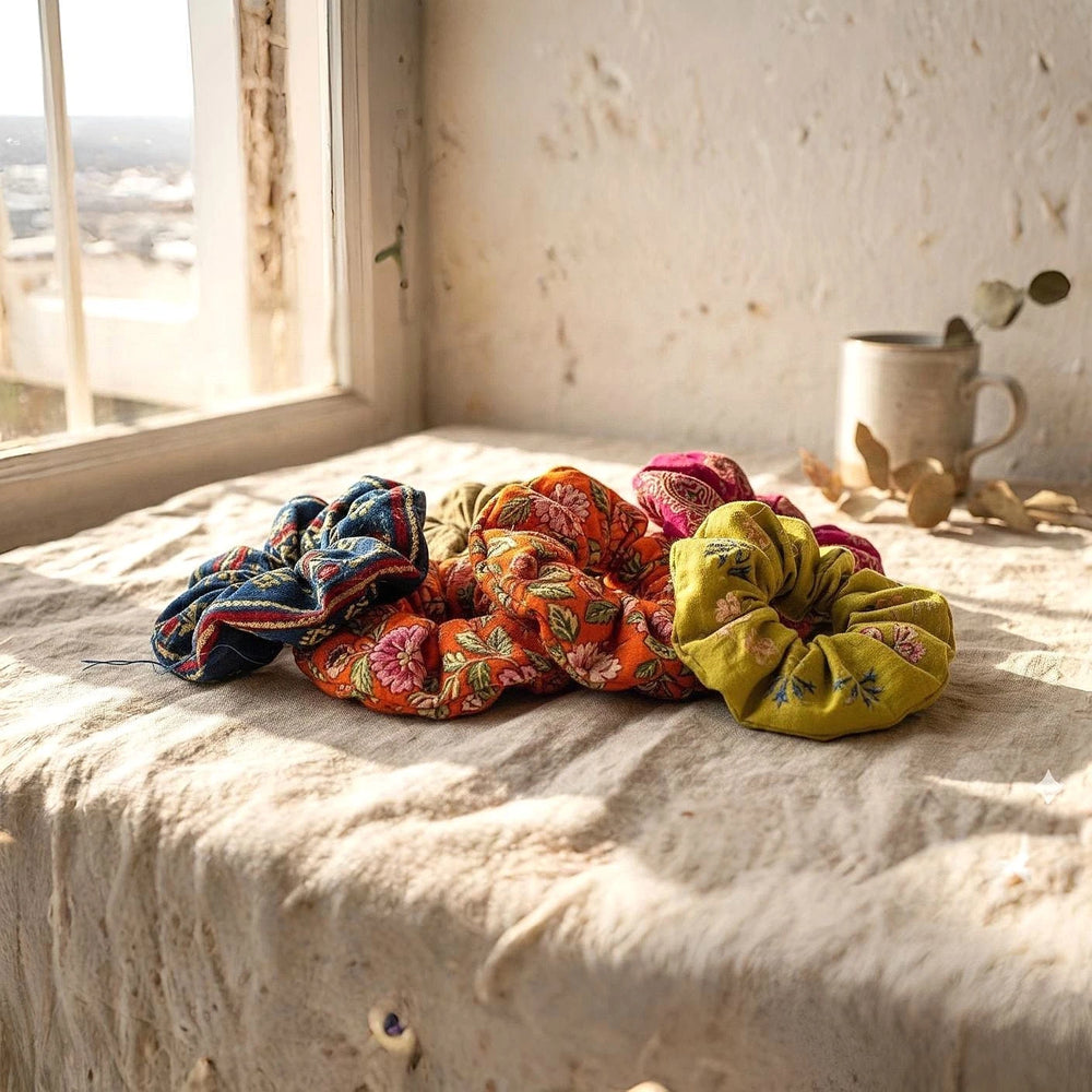 Sanskriti India Silk Scrunchies 5 Pcs lot of Assorted Sustainable Upcycled Hair Ties 1.5 Inches