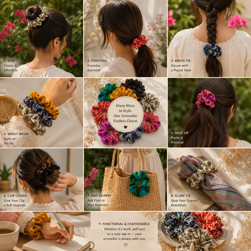 Sanskriti India Silk Scrunchies 5 Pcs lot of Assorted Sustainable Upcycled Hair Ties 1.5 Inches